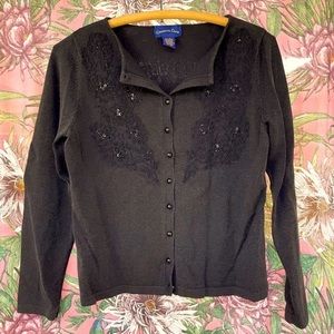 CHARTER CLUB embroidered sequin and lace black cardigan sweater size Small